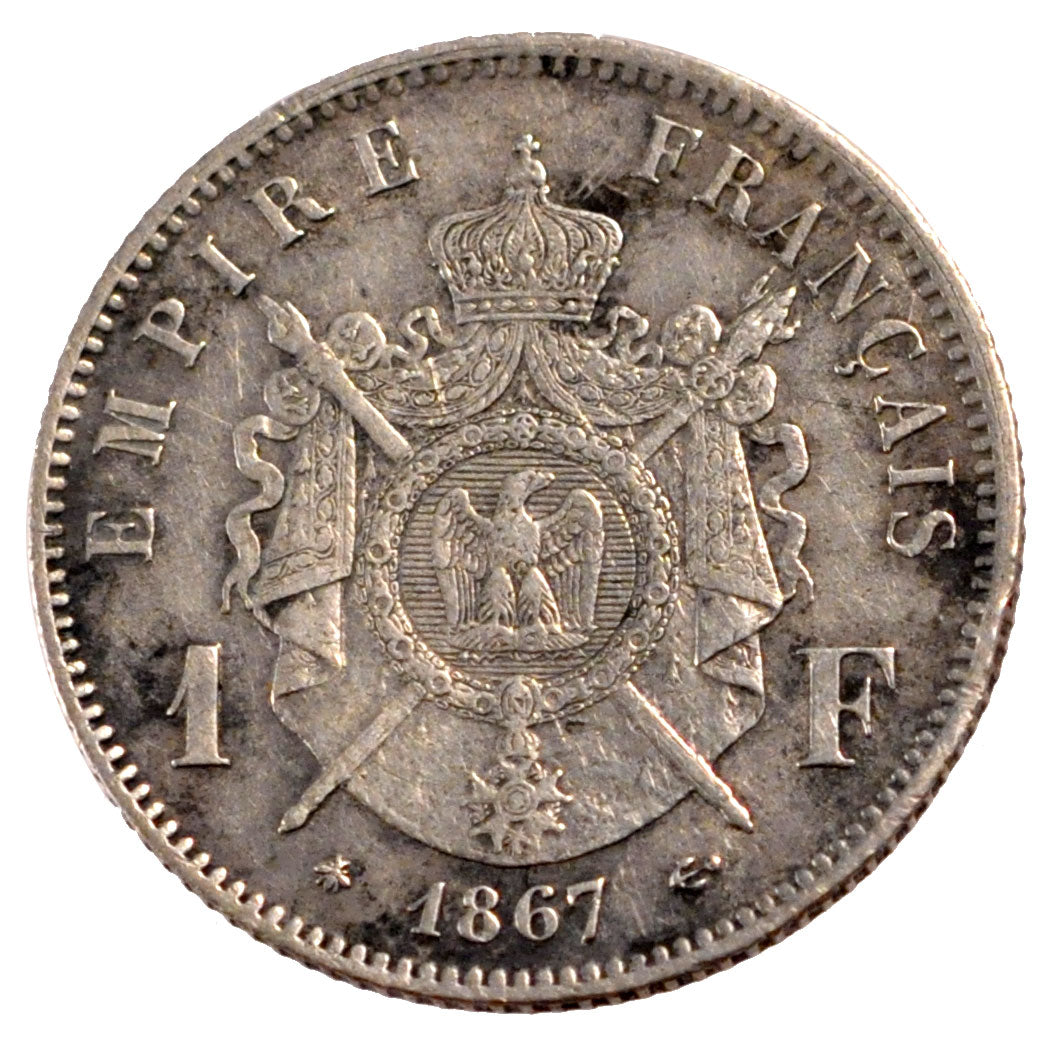 FRANCE, Napoléon III, Franc, 1867, Paris, KM #806.1, EF(40-45), Silver, Gadoury