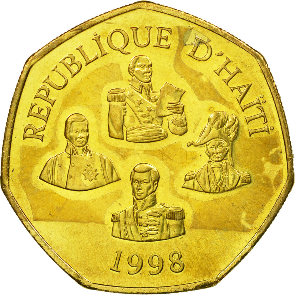 Moneda, Haití, 5 Gourdes, 1998, MBC, Latón chapado en acero, KM:156