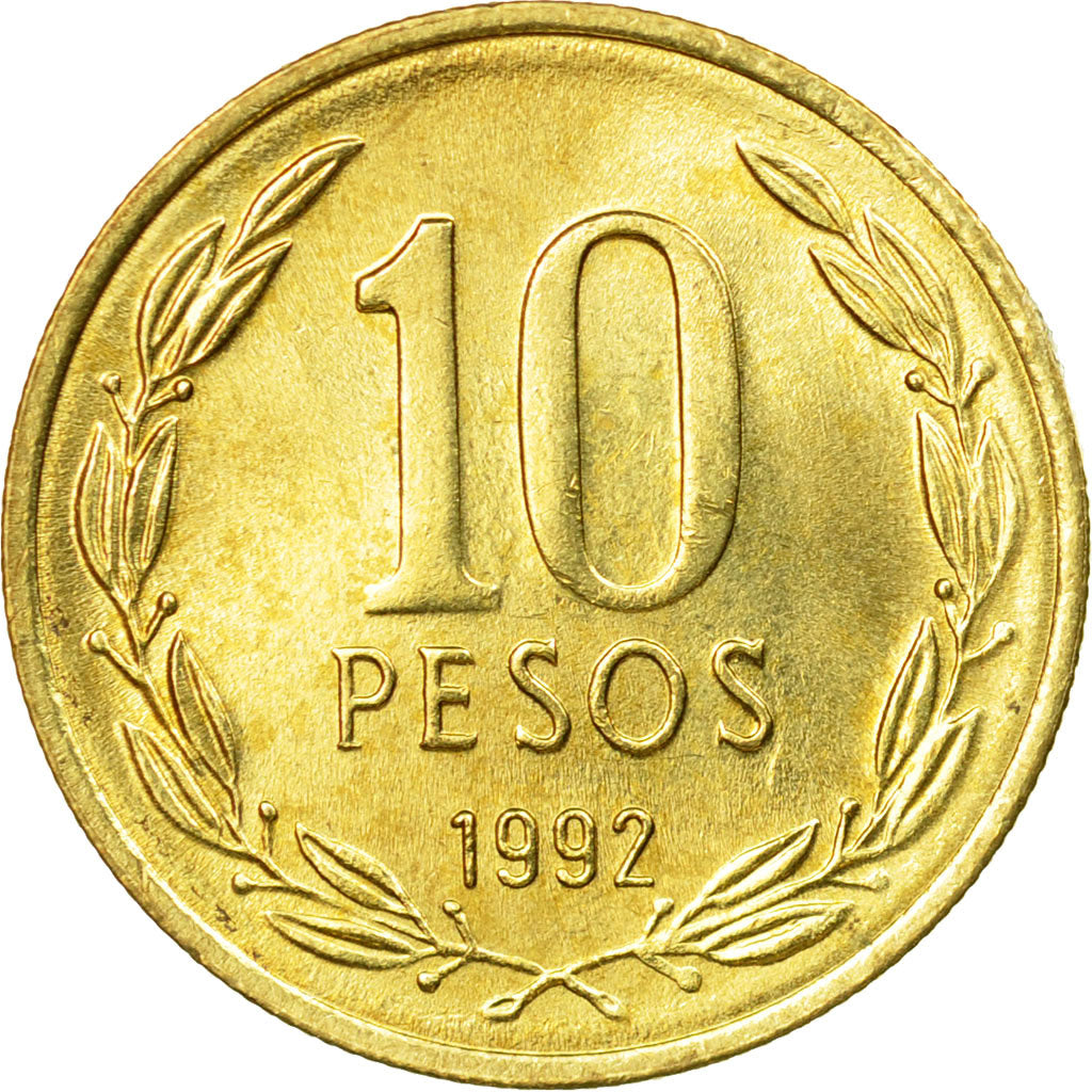 Coin, Chile, 10 Pesos, 1992, Santiago, AU(55-58), Aluminum-Bronze, KM:228.2