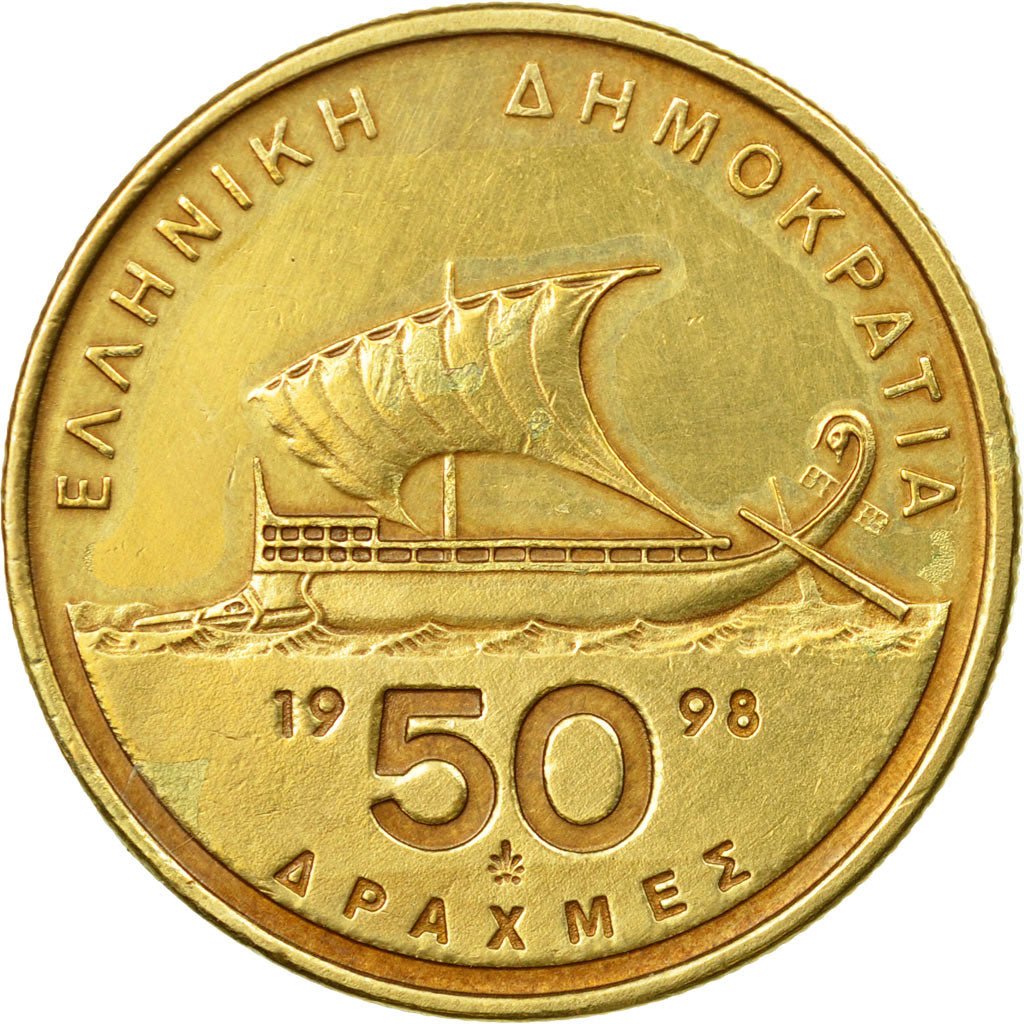 Coin, Greece, 50 Drachmes, 1998, EF(40-45), Aluminum-Bronze, KM:147