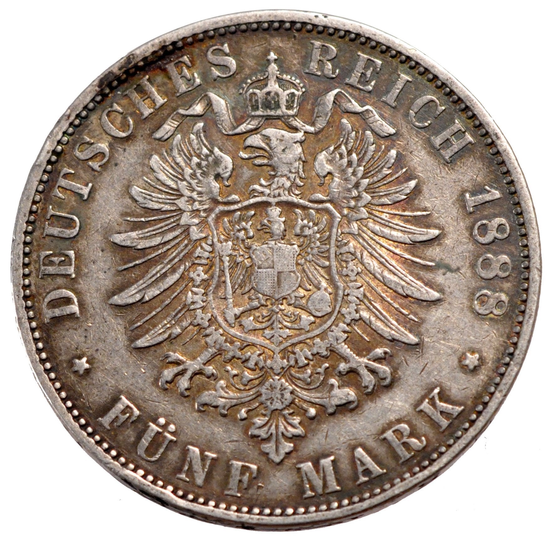 GERMAN STATES, 5 Mark, 1888, Freudenstadt, KM #623, EF(40-45), Silver, 27.53