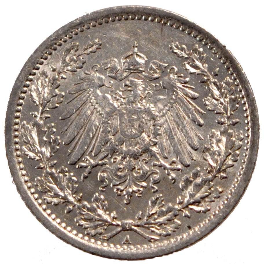 GERMANY - EMPIRE, 1/2 Mark, 1914, Berlin, KM #17, AU(55-58), Silver, 20, 2.76