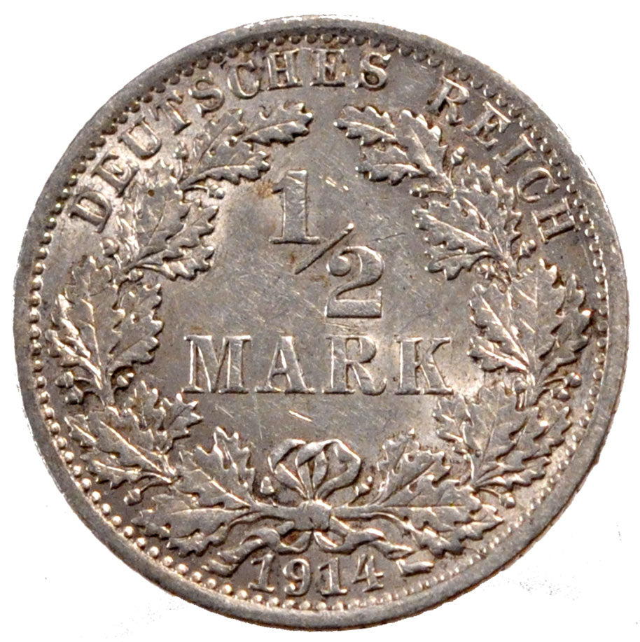 GERMANY - EMPIRE, 1/2 Mark, 1914, Berlin, KM #17, AU(55-58), Silver, 20, 2.76