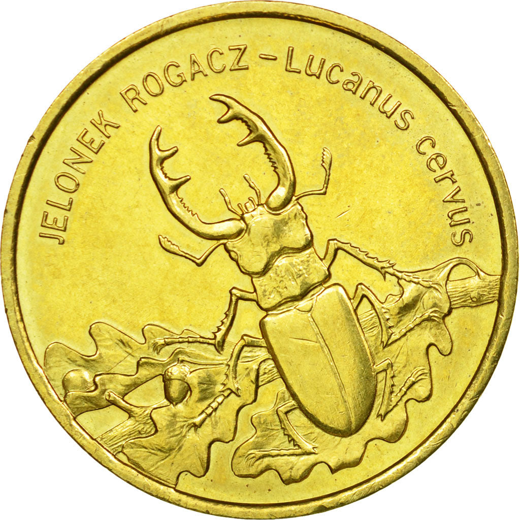 Coin, Poland, Jelonek Rogacz - Lucanus cervus, 2 Zlote, 1997, AU(55-58), Brass