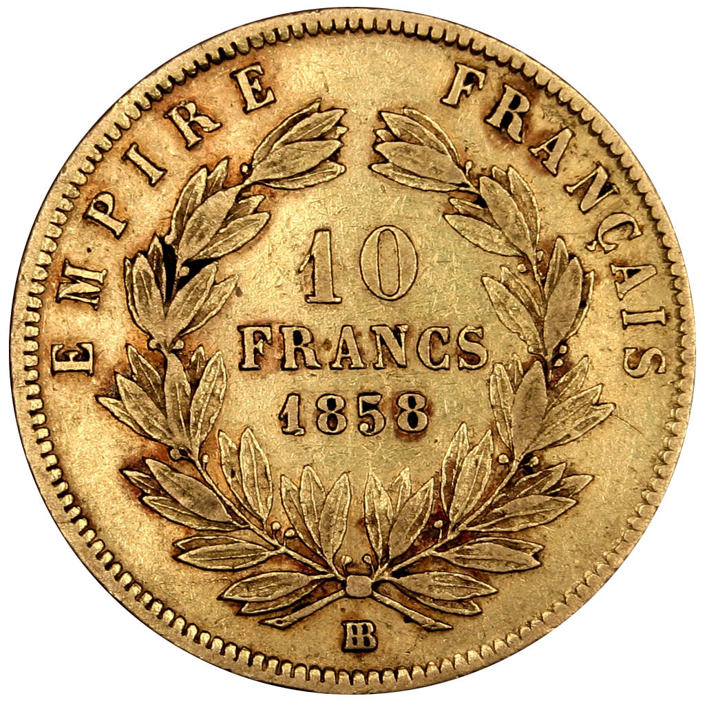 FRANCE, Napoléon III, 10 Francs, 1858, Strasbourg, KM #784.4, EF(40-45), Gold, G