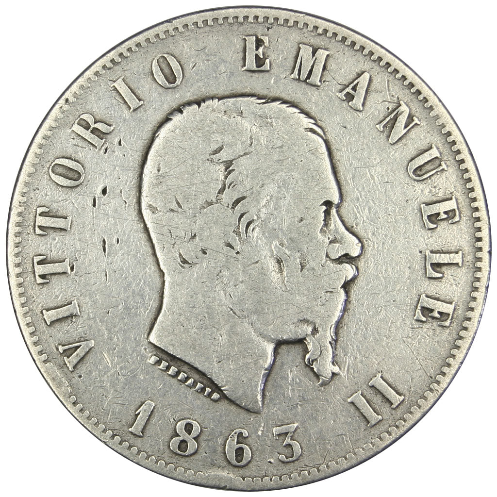 ITALY, 2 Lire, 1863, Naples, KM #6a.1, VF(20-25), Silver, 9.77
