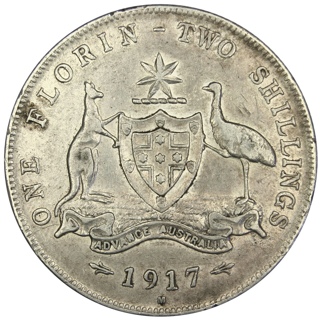 AUSTRALIA, Florin, 1917, Melbourne, KM #27, EF(40-45), Silver, 28.5, 11.27