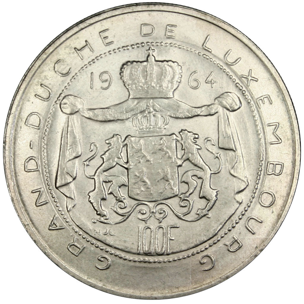 LUXEMBOURG, 100 Francs, 1964, KM #54, AU(55-58), Silver, 33.1, 18.07