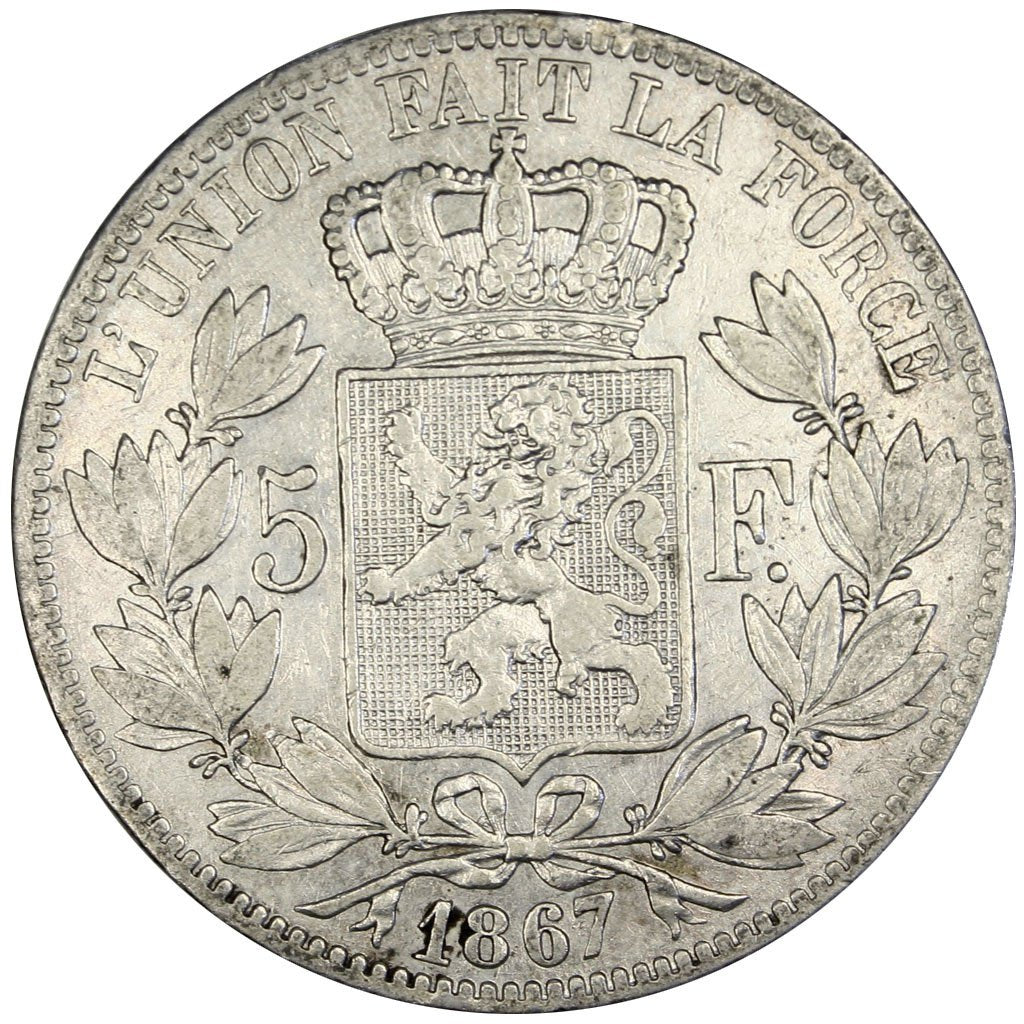 BELGIUM, 5 Francs, 5 Frank, 1867, KM #24, VF(30-35), Silver, 24.63