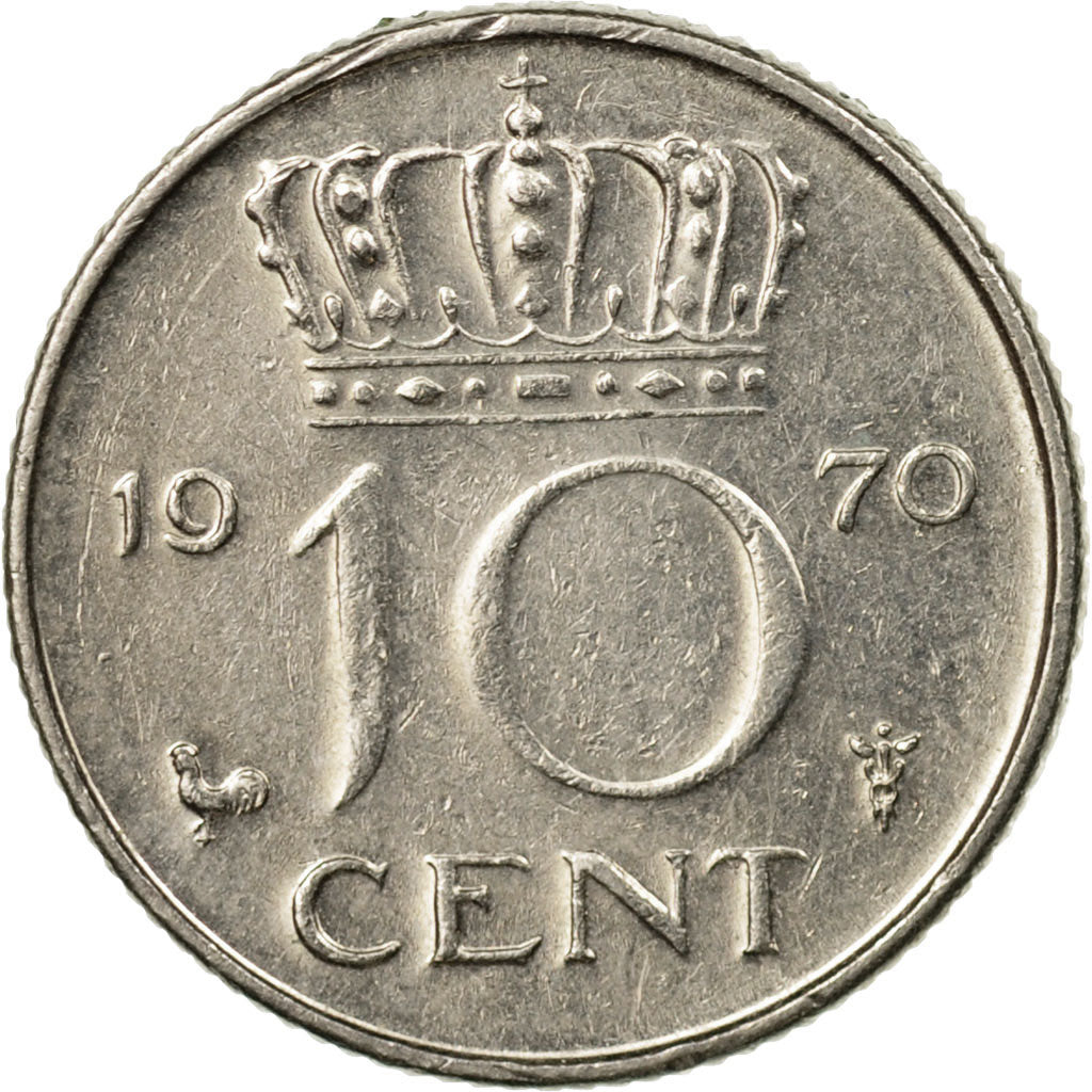 Coin, Netherlands, Juliana, 10 Cents, 1970, VF(30-35), Nickel, KM:182