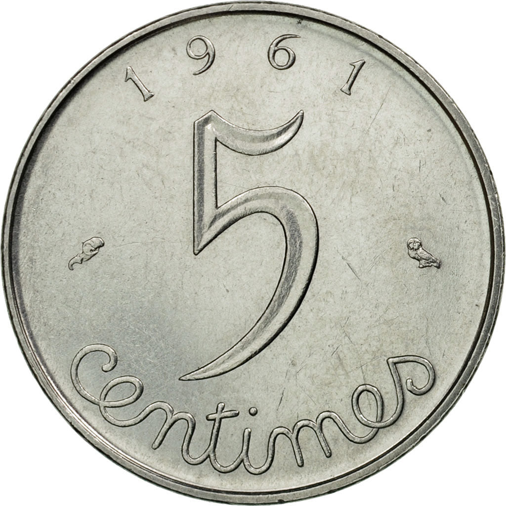 Moneda, Francia, Épi, 5 Centimes, 1961, Paris, MBC, Acero inoxidable, KM:927