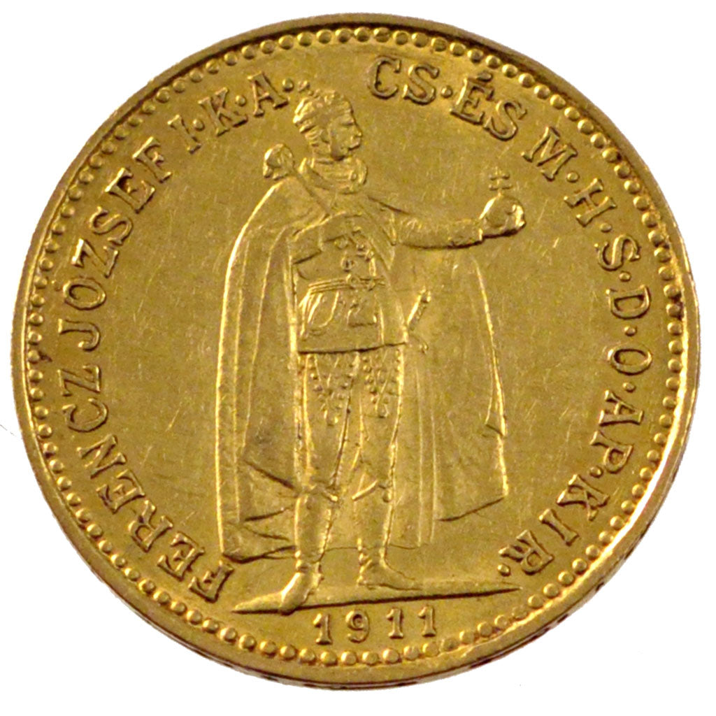 HUNGARY, 10 Korona, 1911, Kormoczbanya, KM #485, AU(55-58), Gold, 3.35