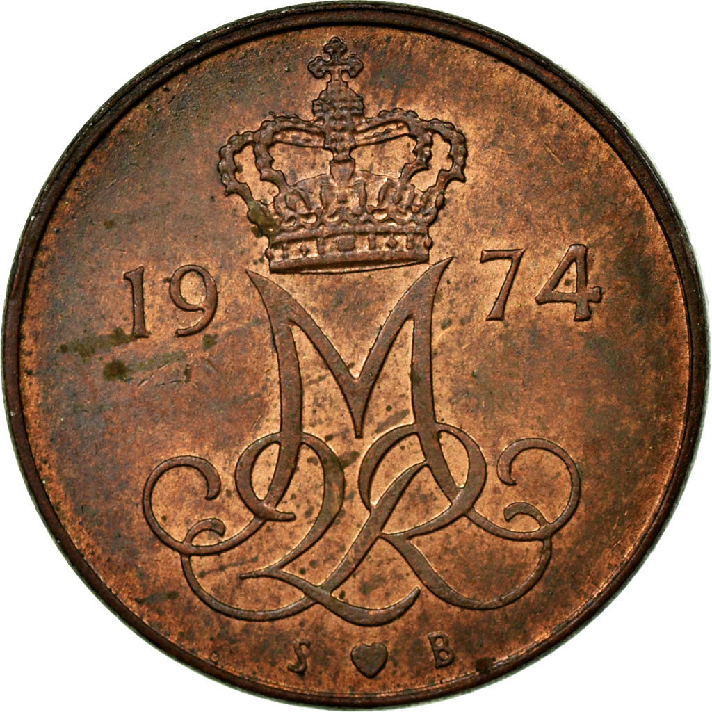 Coin, Denmark, Margrethe II, 5 Öre, 1974, Copenhagen, EF(40-45), Copper Clad