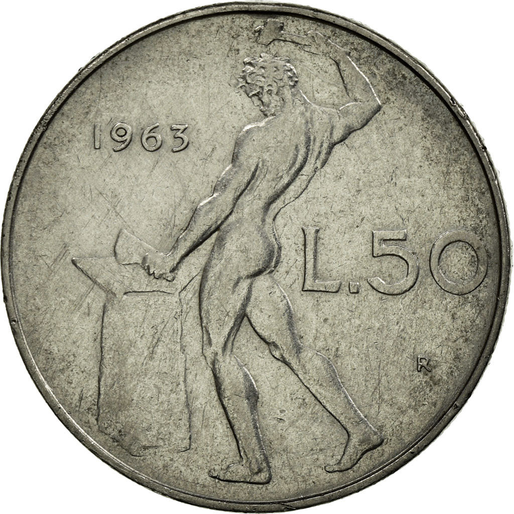 Moneta, Włochy, 50 Lire, 1963, Rome, VF(30-35), Stal nierdzewna, KM:95.1