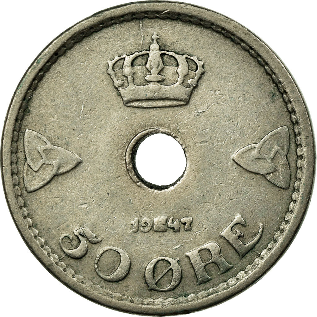 Moneda, Noruega, Haakon VII, 50 Öre, 1947, MBC, Cobre - níquel, KM:386