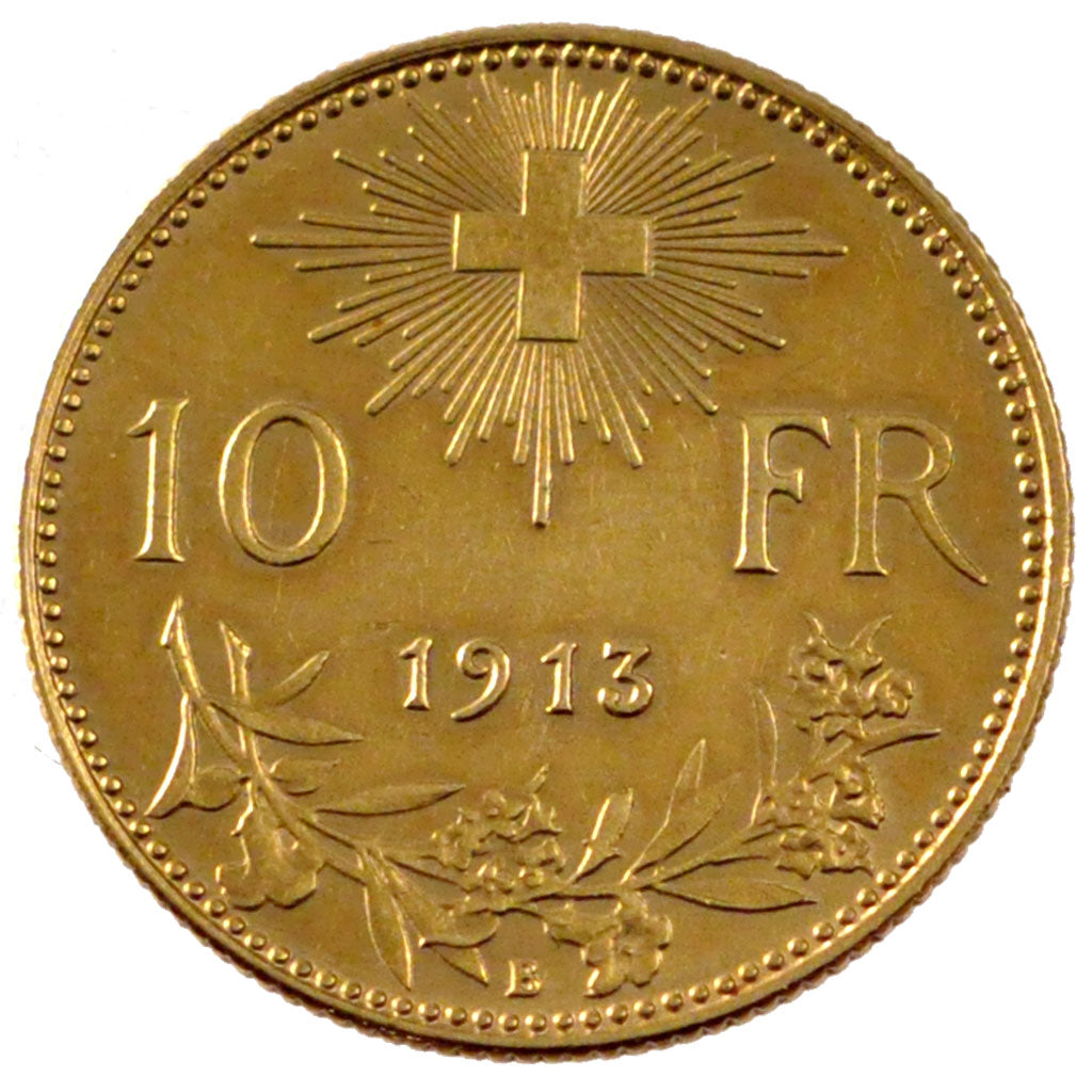 SWITZERLAND, 10 Francs, 1913, Bern, KM #36, EF(40-45), Gold, 3.21