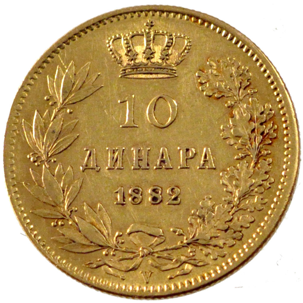 SERBIA, 10 Dinara, 1882, Vienne, KM #16, AU(50-53), Gold, 3.21