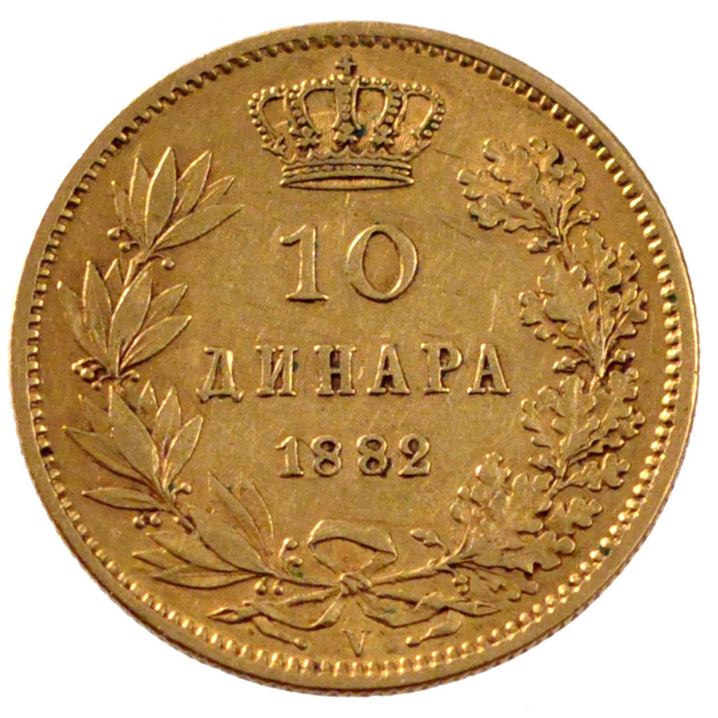 SERBIA, 10 Dinara, 1882, Vienne, KM #16, EF(40-45), Gold, 3.20