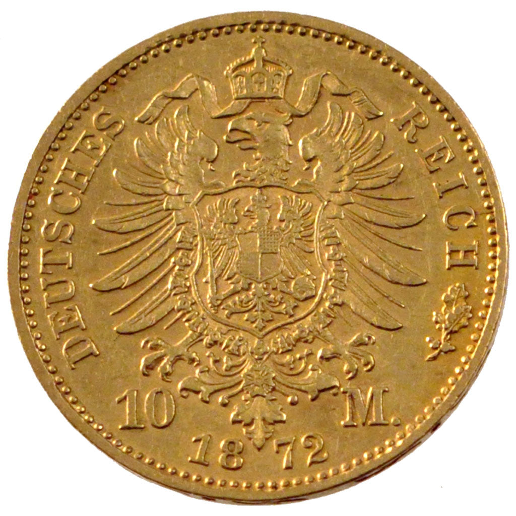 GERMAN STATES, 10 Mark, 1872, Munich, KM #892, AU(50-53), Gold, 3.94