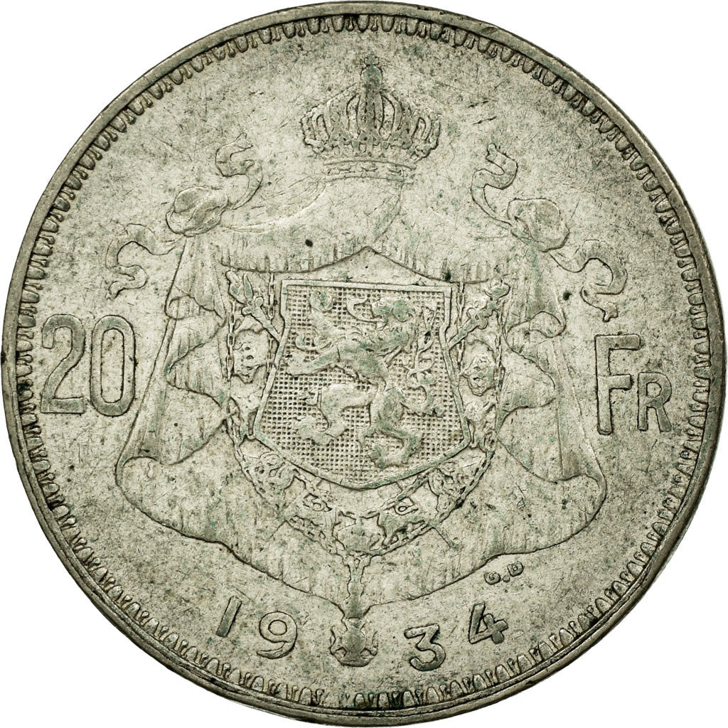 Coin, Belgium, 20 Francs, 20 Frank, 1934, VF(30-35), Silver, KM:103.1