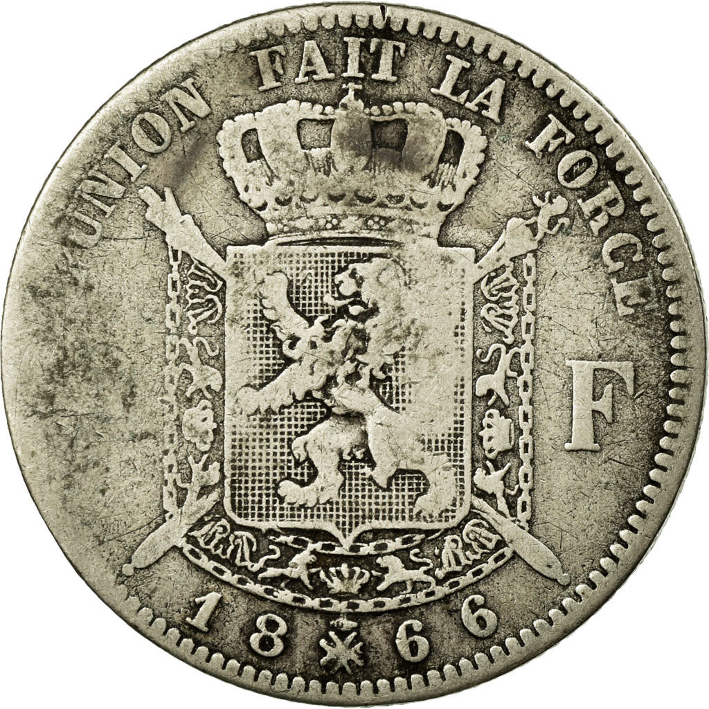 Moneda, Bélgica, Leopold II, 2 Francs, 2 Frank, 1866, BC+, Plata, KM:30.1