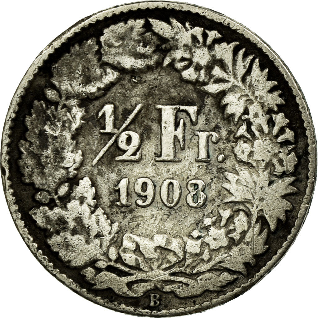 Coin, Switzerland, 1/2 Franc, 1908, Bern, VF(20-25), Silver, KM:23