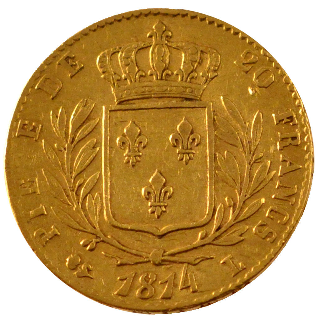 Francia, Louis XVIII, Louis XVIII, 20 Francs, 1814, Bayonne, MB+, Oro, KM:706...