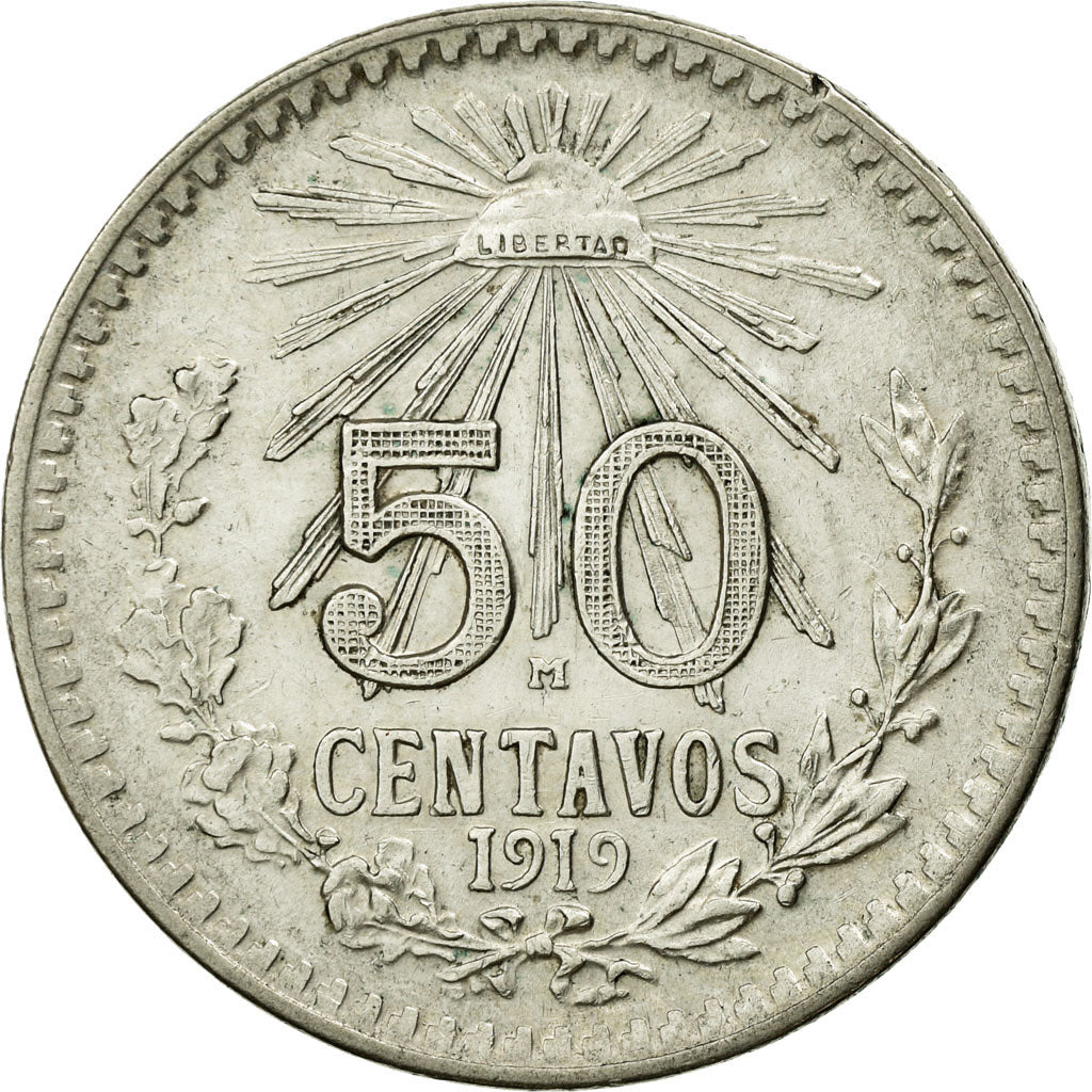 Coin, Mexico, 50 Centavos, 1919, Mexico City, EF(40-45), Silver, KM:446