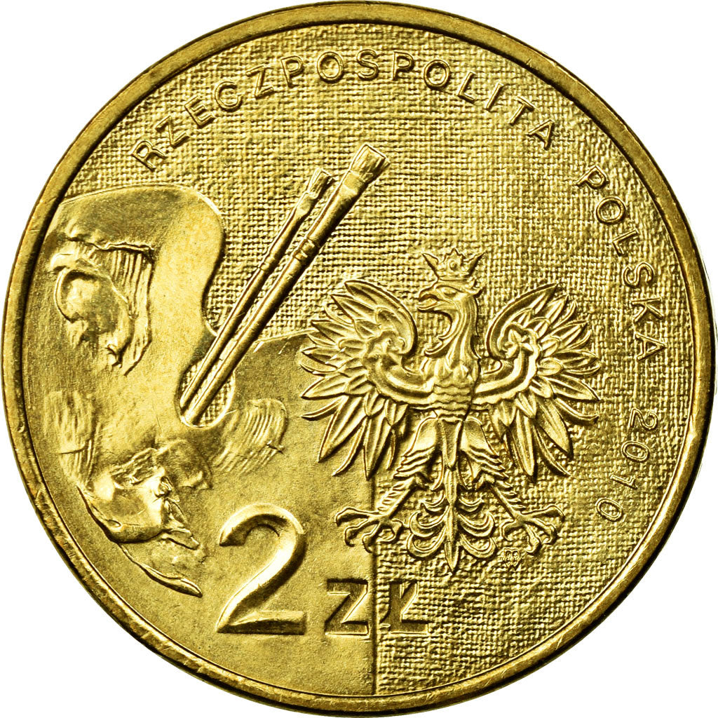 Coin, Poland, Arthur Grottger, painter, 2 Zlote, 2010, Warsaw, EF(40-45), Brass