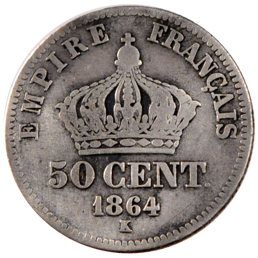 FRANCE, Napoléon III, 50 Centimes, 1864, Bordeaux, KM #814.3, VG(8-10), Silver,