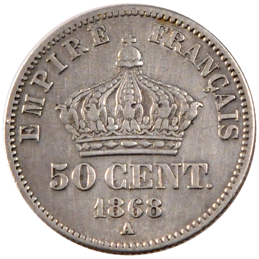 FRANCE, Napoléon III, 50 Centimes, 1868, Paris, KM #814.1, EF(40-45), Silver, 18