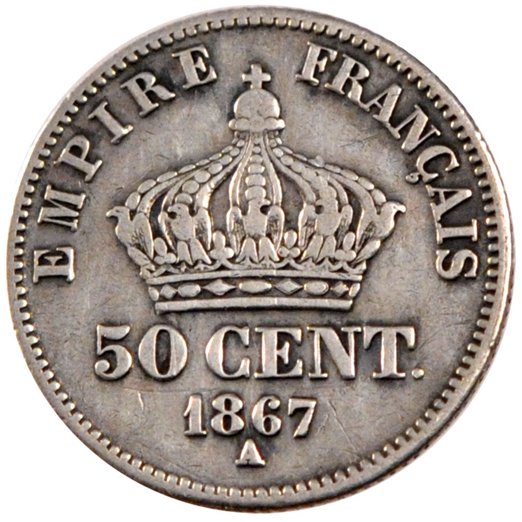 FRANCE, Napoléon III, 50 Centimes, 1867, Paris, KM #814.1, VF(30-35), Silver, 18