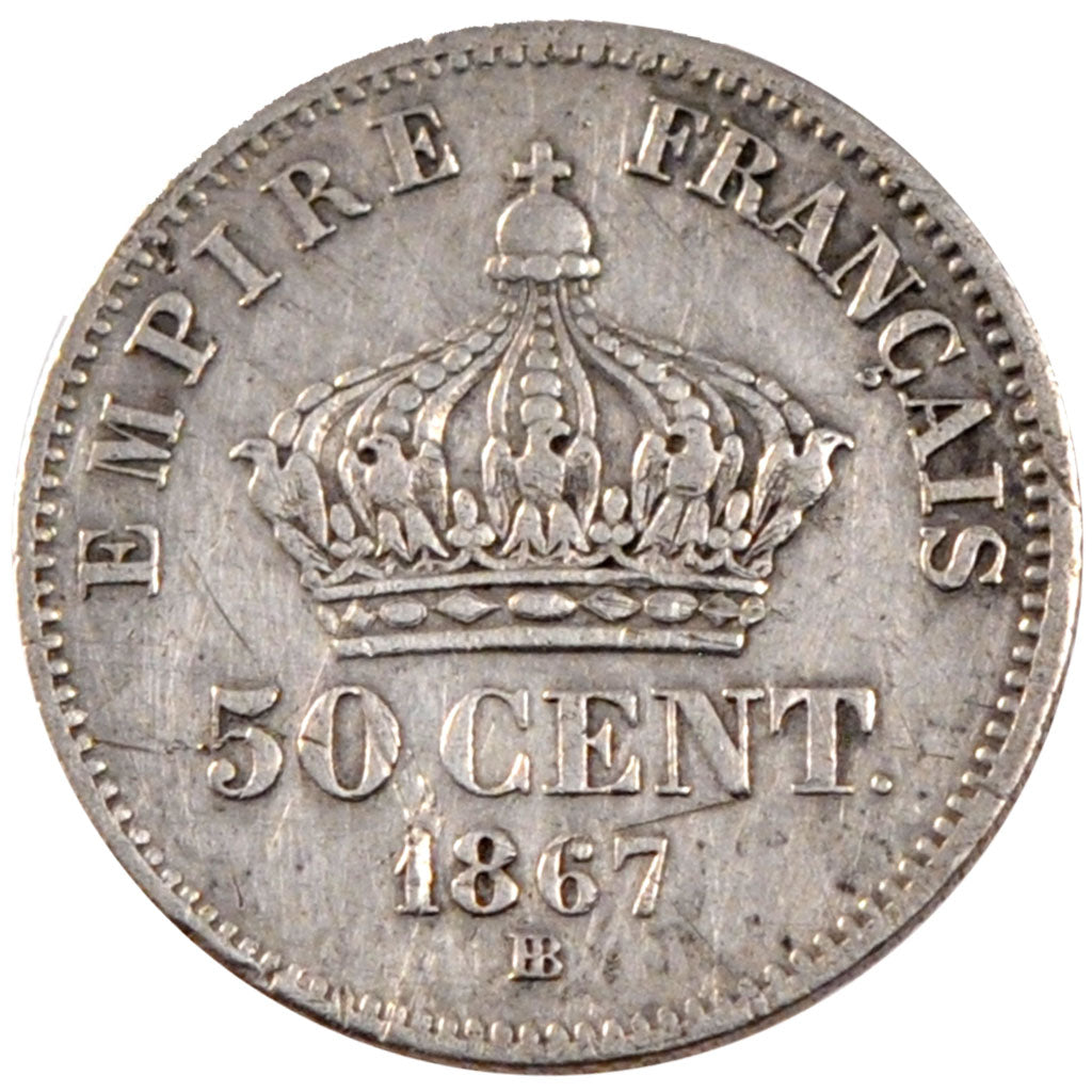 FRANCE, Napoléon III, 50 Centimes, 1867, Strasbourg, KM #814.2, EF(40-45), S...