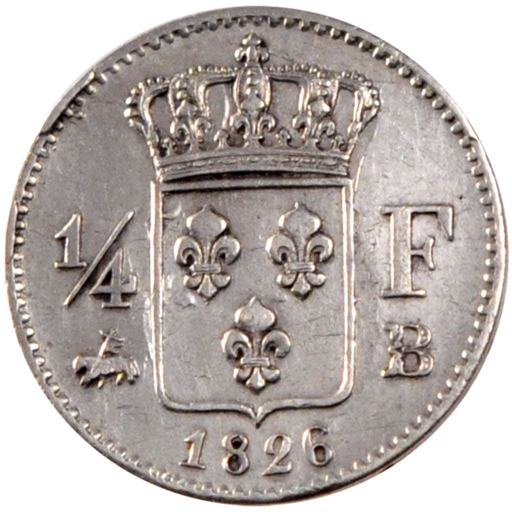 FRANCE, Charles X, 1/4 Franc, 1826, Rouen, KM #722.2, AU(50-53), Silver,...
