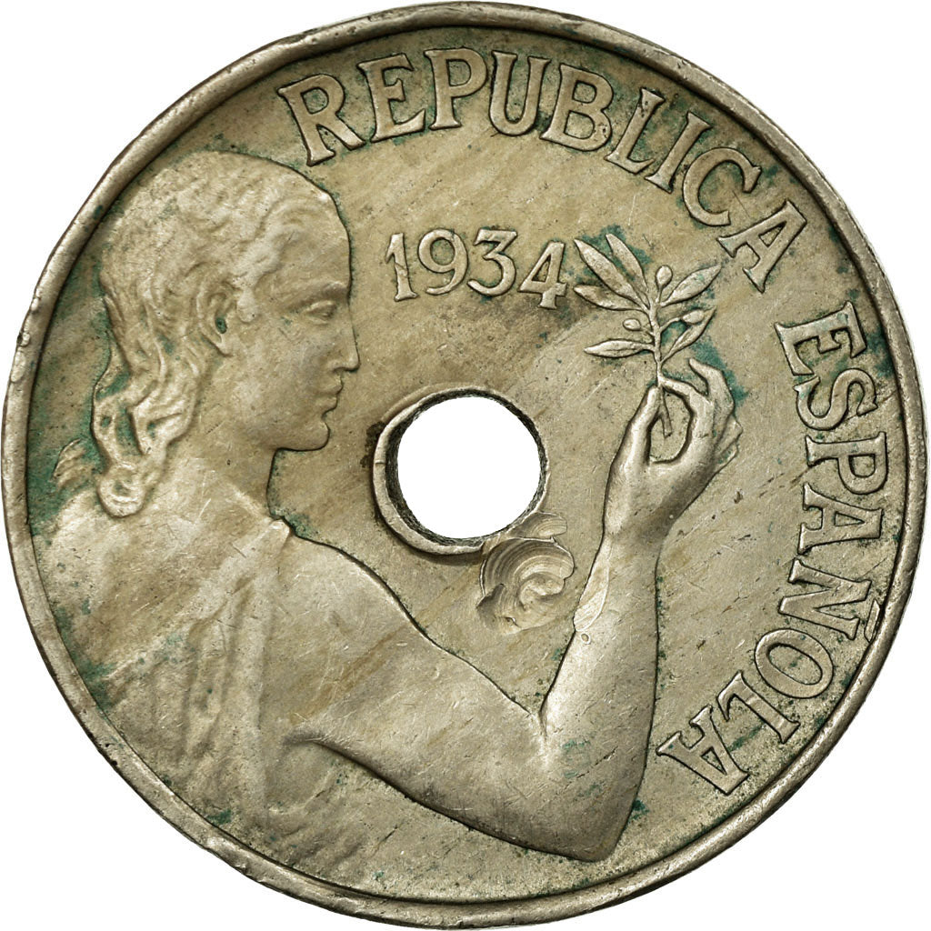 Coin, Spain, 25 Centimos, 1934, EF(40-45), Copper-nickel, KM:751