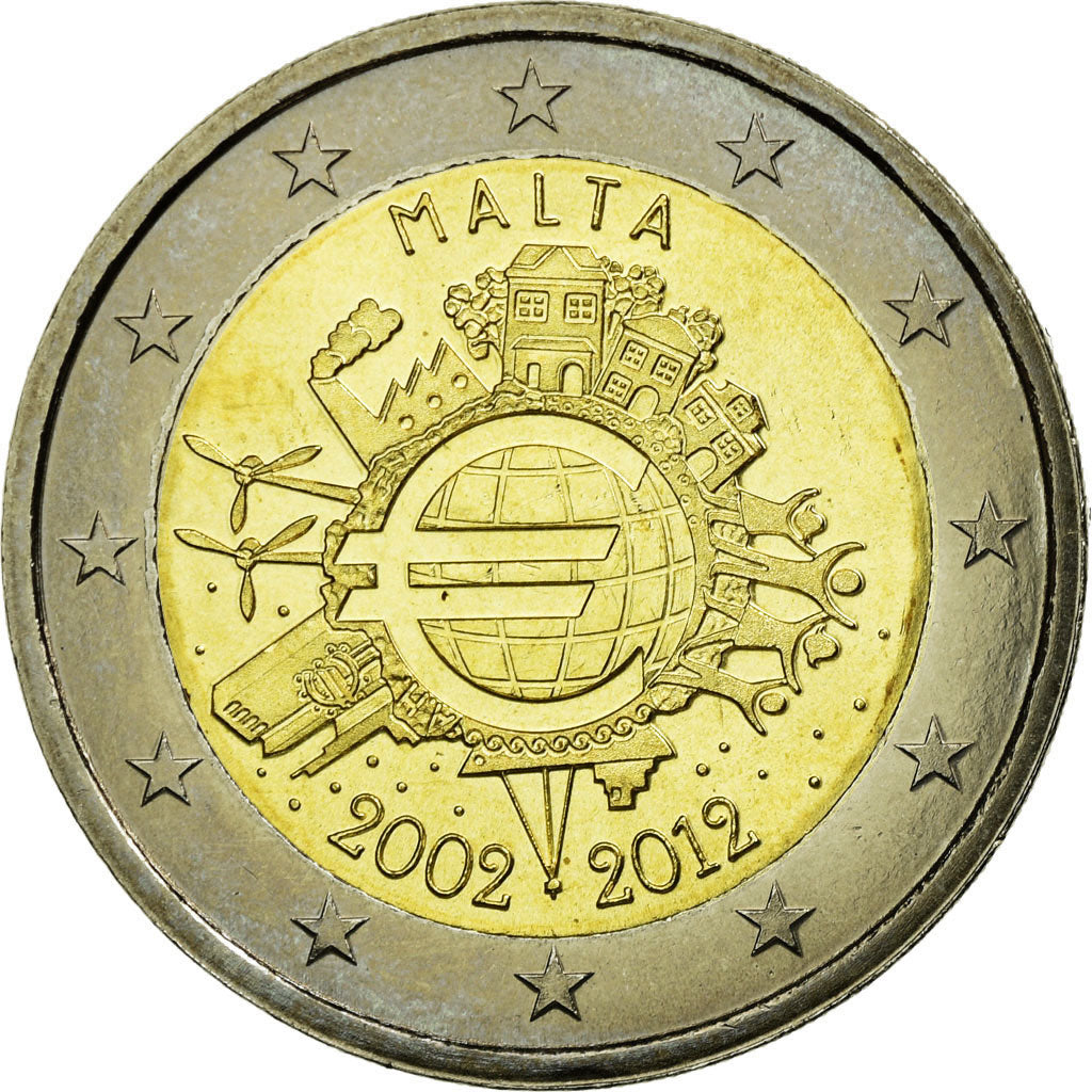 Malta, 2 Euro, 10 Jahre Euro, 2012, AU(55-58), Bi-Metallic, KM:139