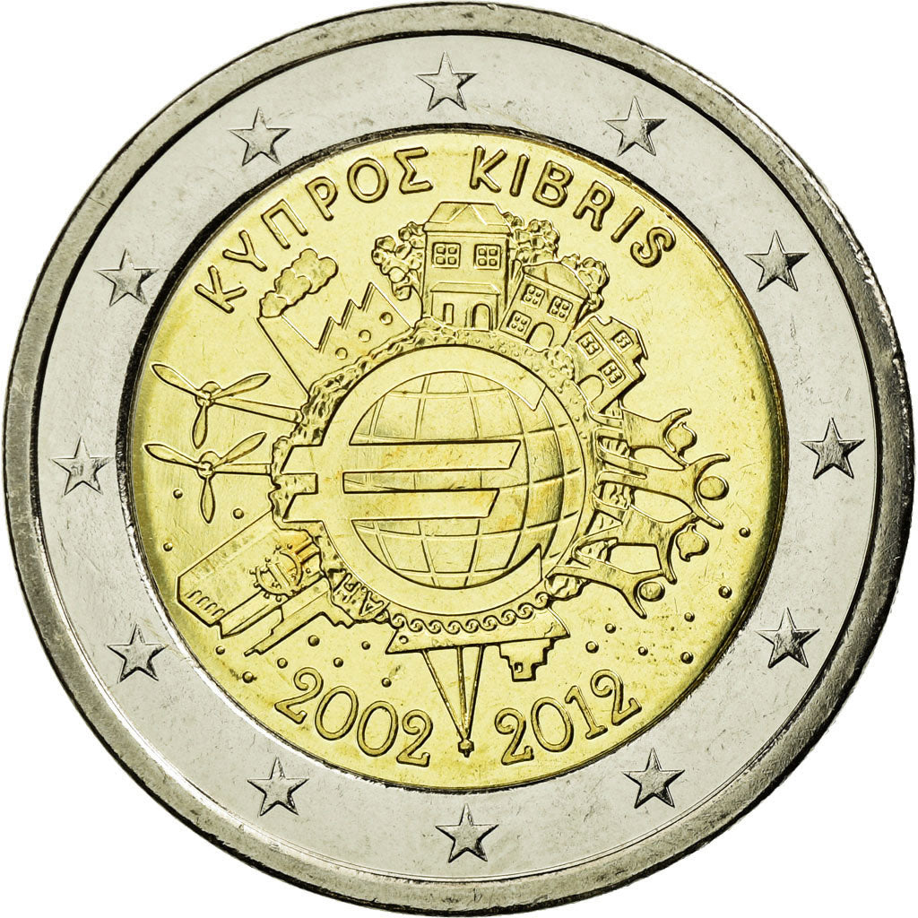 Cypr, 2 Euro, 10 ans de l'Euro, 2012, AU(55-58), Bimetaliczny, KM:97