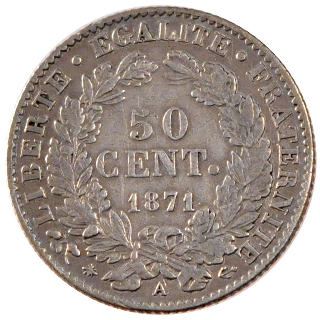 FRANCE, Cérès, 50 Centimes, 1871, Paris, KM #834.1, EF(40-45), Silver, 18, G...