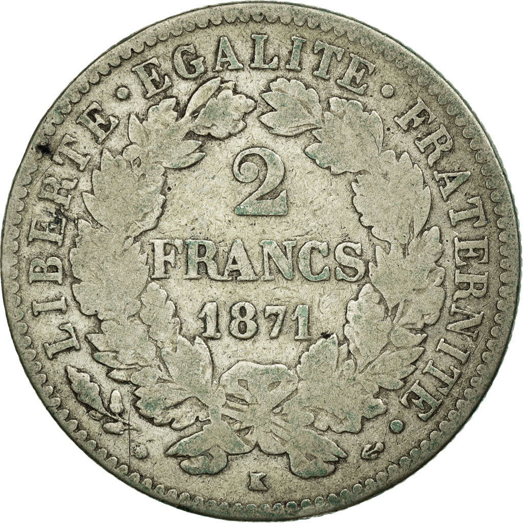 Coin, France, Cérès, 2 Francs, 1871, Bordeaux, VF(20-25), Silver, KM:817.2