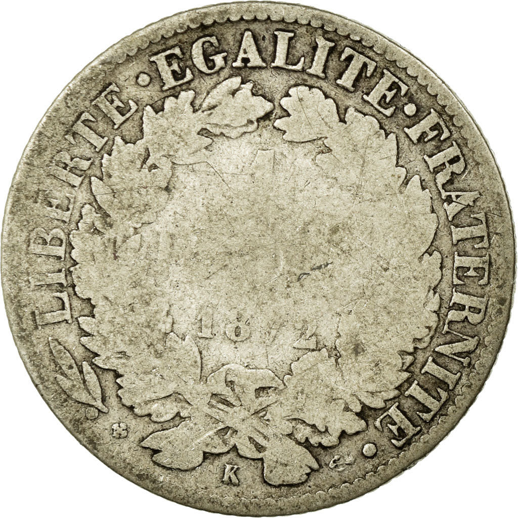 Moeda, França, Cérès, Franc, 1872, Bordeaux, F(12-15), Prata, KM:822.2
