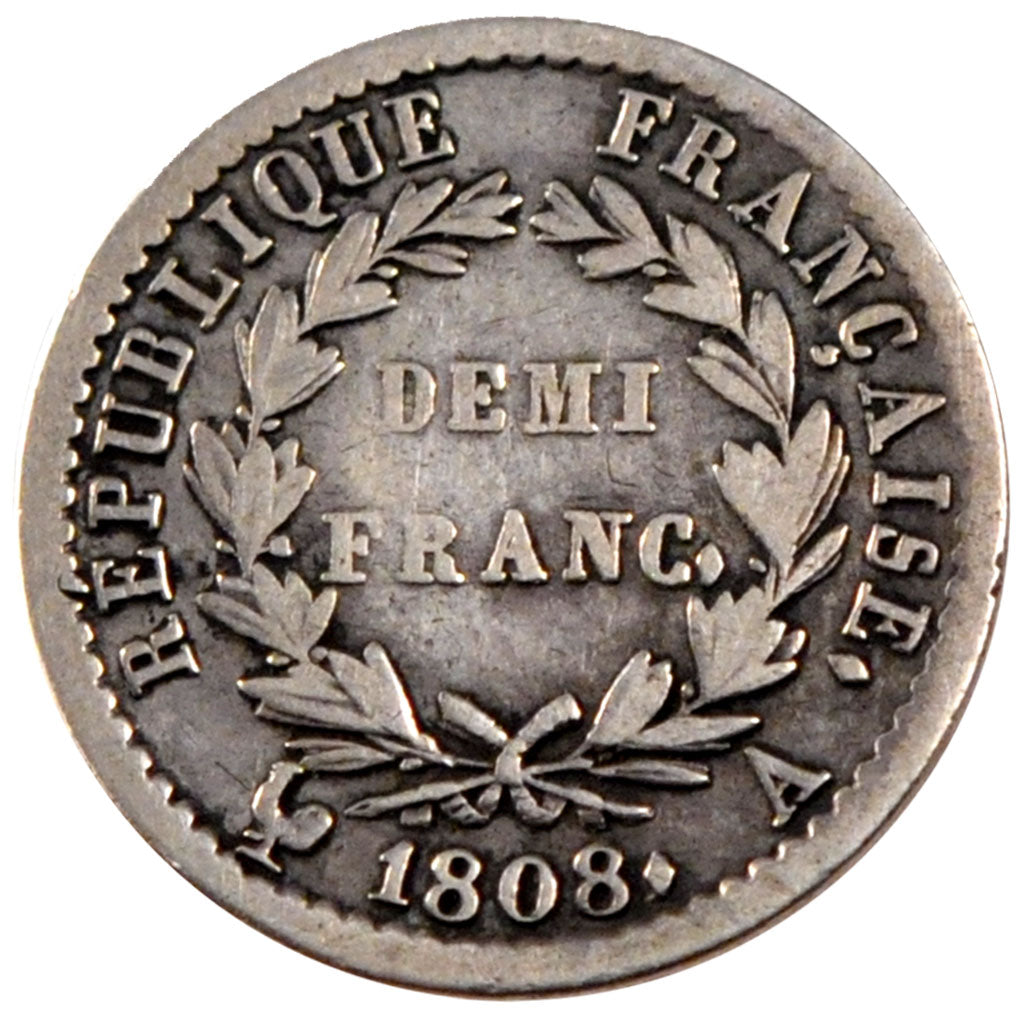 FRANCE, Demi Franc, 1808, Paris, EF(40-45), Silver, Gadoury #398, 2.42
