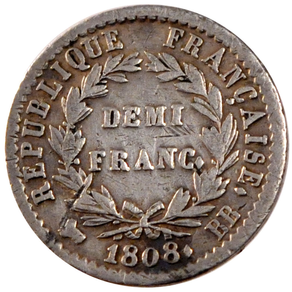 FRANCE, Napoléon I, 1/2 Franc, 1808, Strasbourg, KM #680.3, VF(30-35), Silver, G