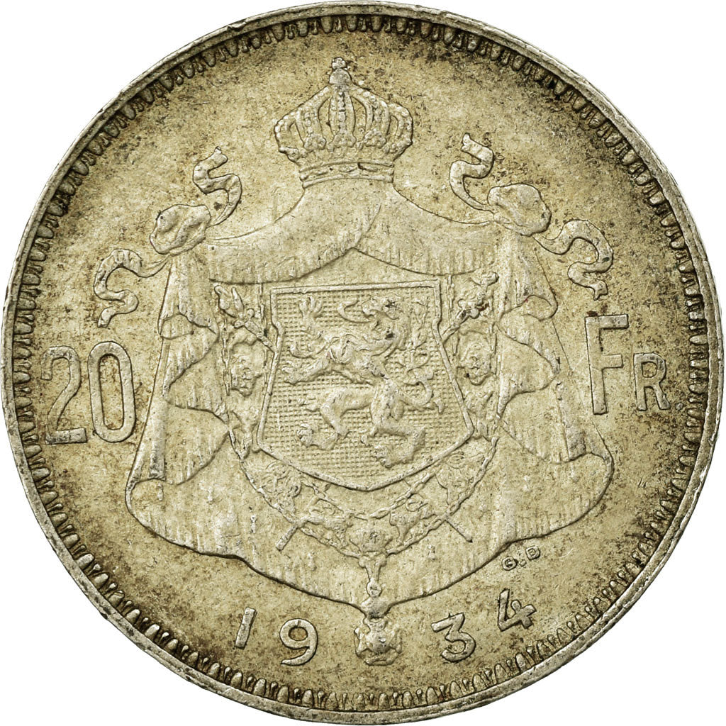 Moneta, Belgio, 20 Francs, 20 Frank, 1934, MB+, Argento, KM:104.1
