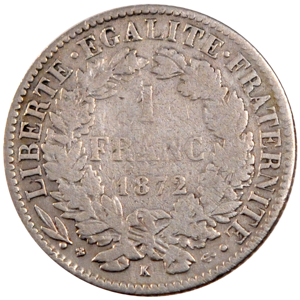 FRANCE, 1 Franc, 1872, Bordeaux, VF(20-25), Silver, Gadoury #465a, 4.78