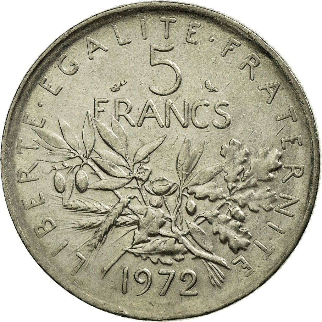 Moneda, Francia, Semeuse, 5 Francs, 1972, Paris, BC+, Níquel recubierto de