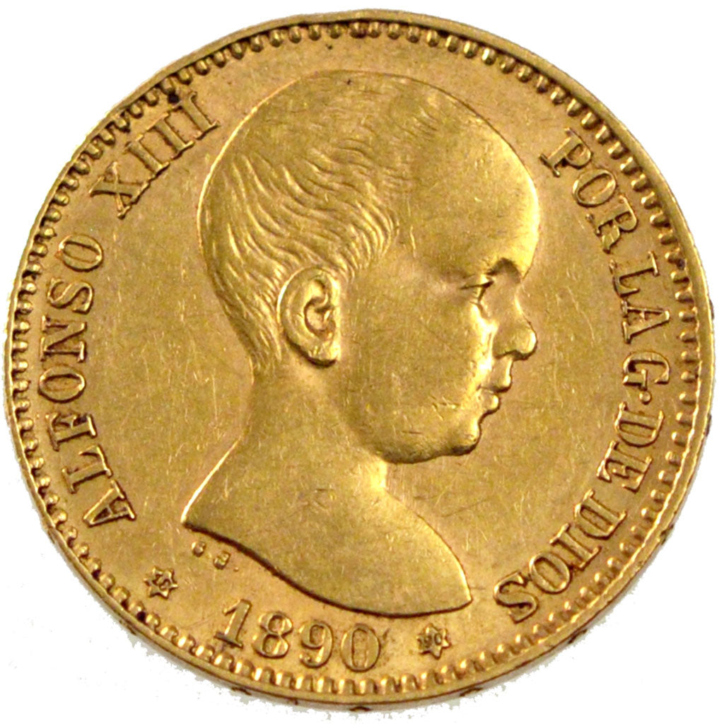 SPAIN, 20 Pesetas, 1890, Madrid, KM #693, EF(40-45), Gold, 6.40