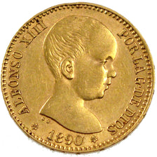 SPAIN, 20 Pesetas, 1890, Madrid, KM #693, EF(40-45), Gold, 6.40
