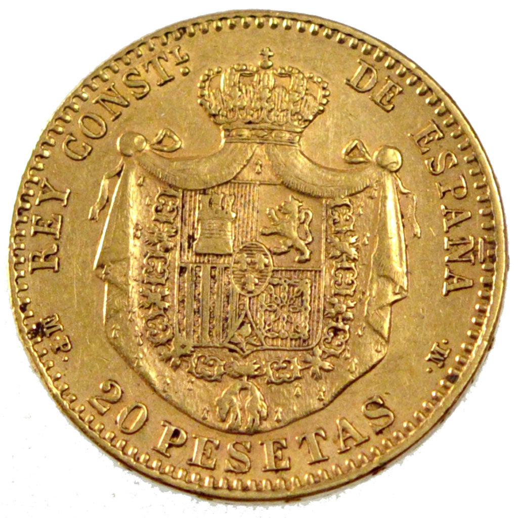 SPAIN, 20 Pesetas, 1890, Madrid, KM #693, EF(40-45), Gold, 6.40