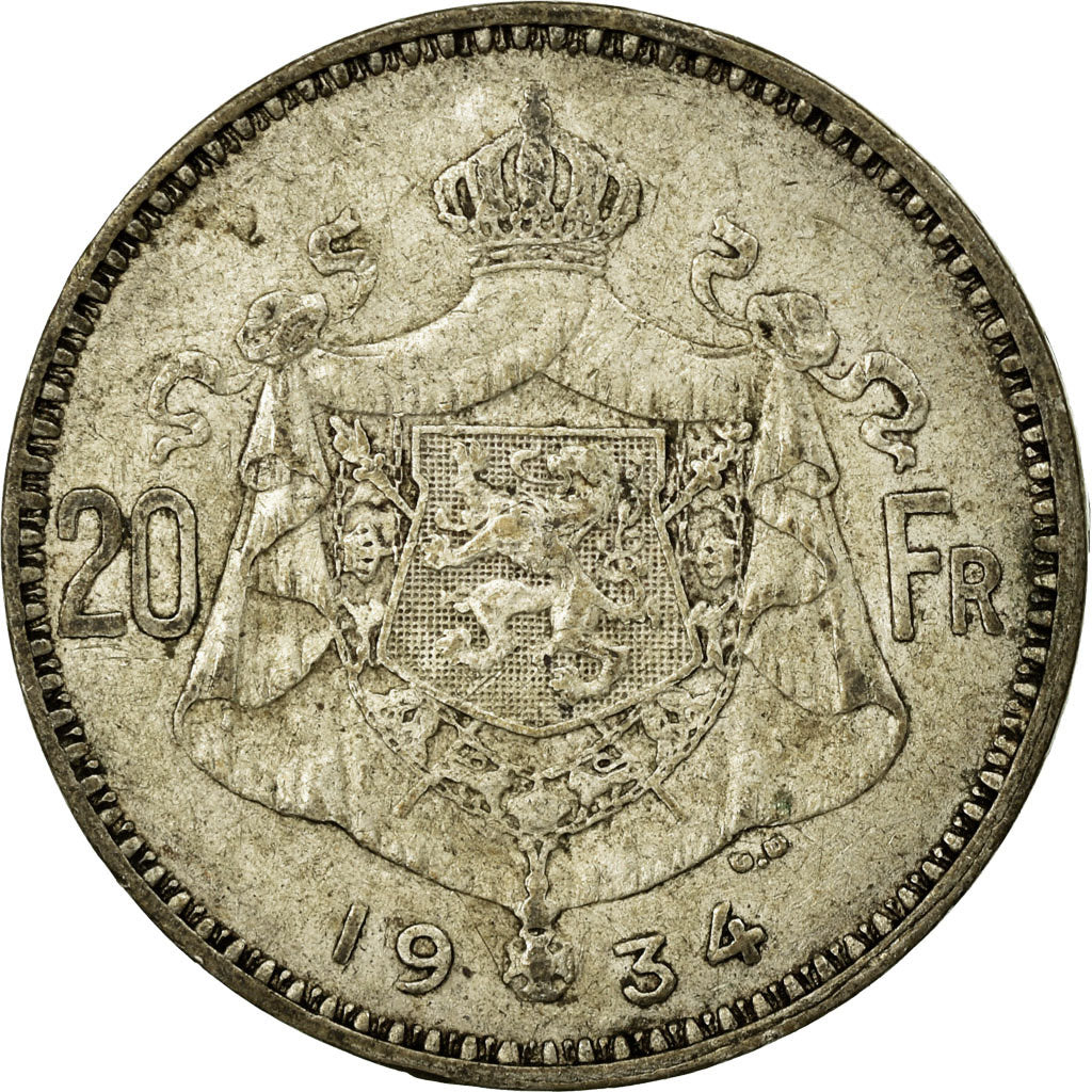 Coin, Belgium, 20 Francs, 20 Frank, 1934, VF(30-35), Silver, KM:103.1