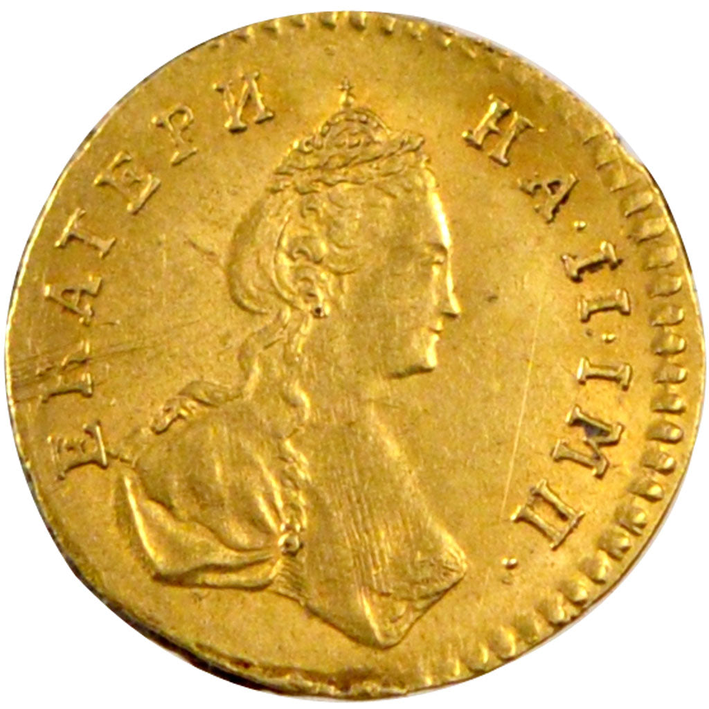 RUSSIA, Poltina, 1/2 Rouble, 1777, St. Petersburg, KM #75, AU(55-58), Gold, 0.70